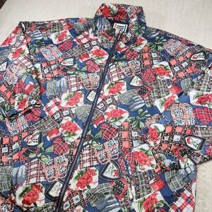 Vintage EVR Silk Jacket Women 2X Novelty‎ Print Full Zip Floral 90s